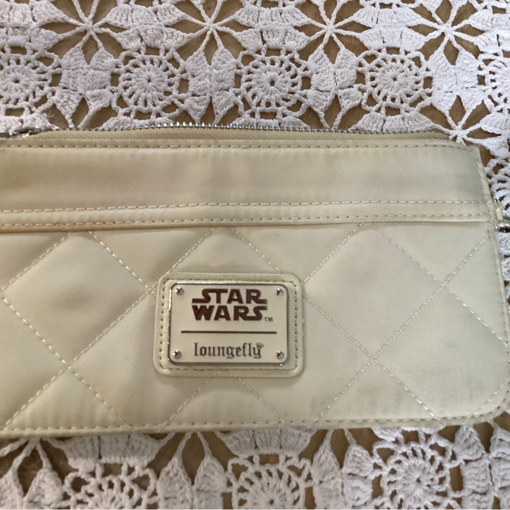 Loungefly Cream and White Wristlet Wallet with Silver Emblem